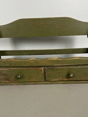 Wood Spice Rack Apothecary Shelf With 2 Drawers Green Rustic Farmhouse Decor Vtg